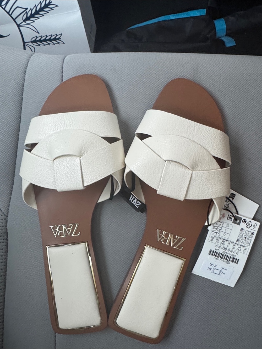 ZARA Cream Woven Strap Slide Sandals with Brown Footbed